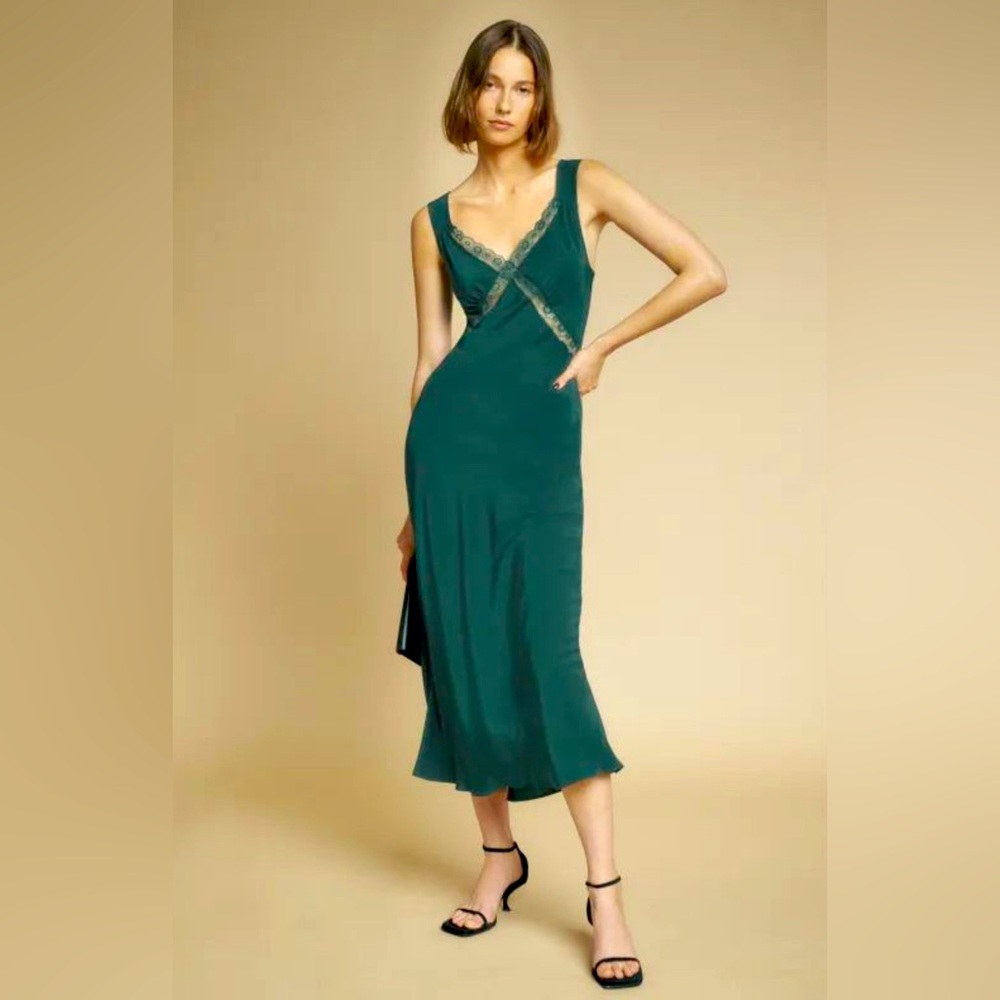 NWT Reformation Provence Silk Dress in Emerald Green Size 8 Petite